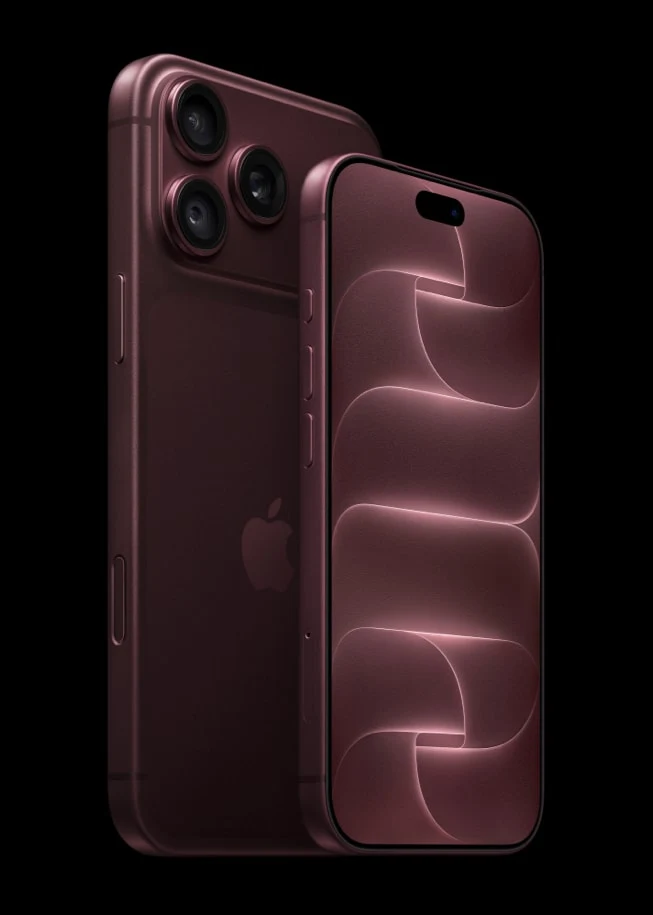 iPhones Pro burgundy, vistos de frente e de trás